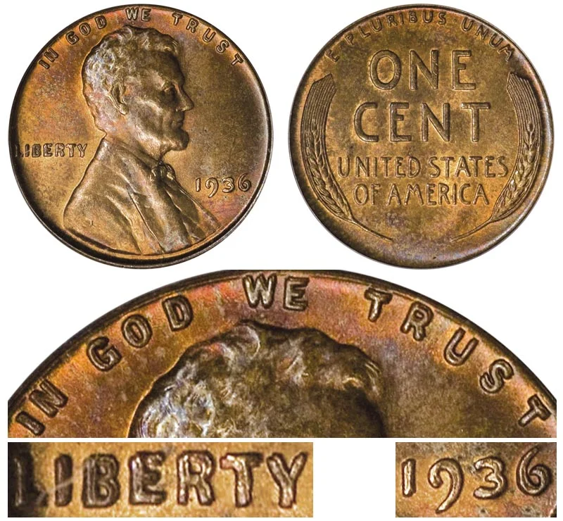 Side-by-side comparison of normal 1936 wheat penny obverse versus 1936 Doubled Die Obverse Type 1 showing doubling on LIBERTY and date