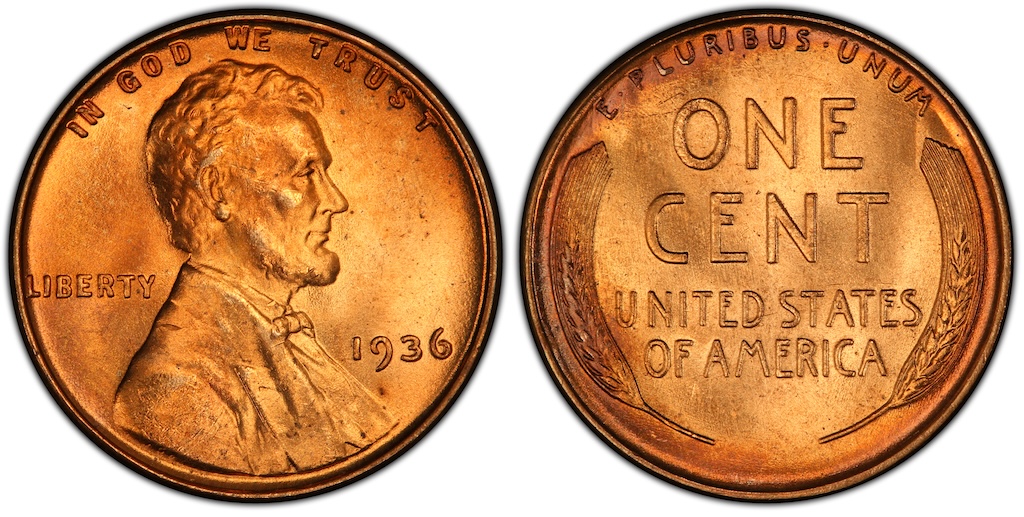 1936 wheat penny DDO Type 3 FS-103 close-up showing subtle doubling on IN GOD WE TRUST motto and LIBERTY