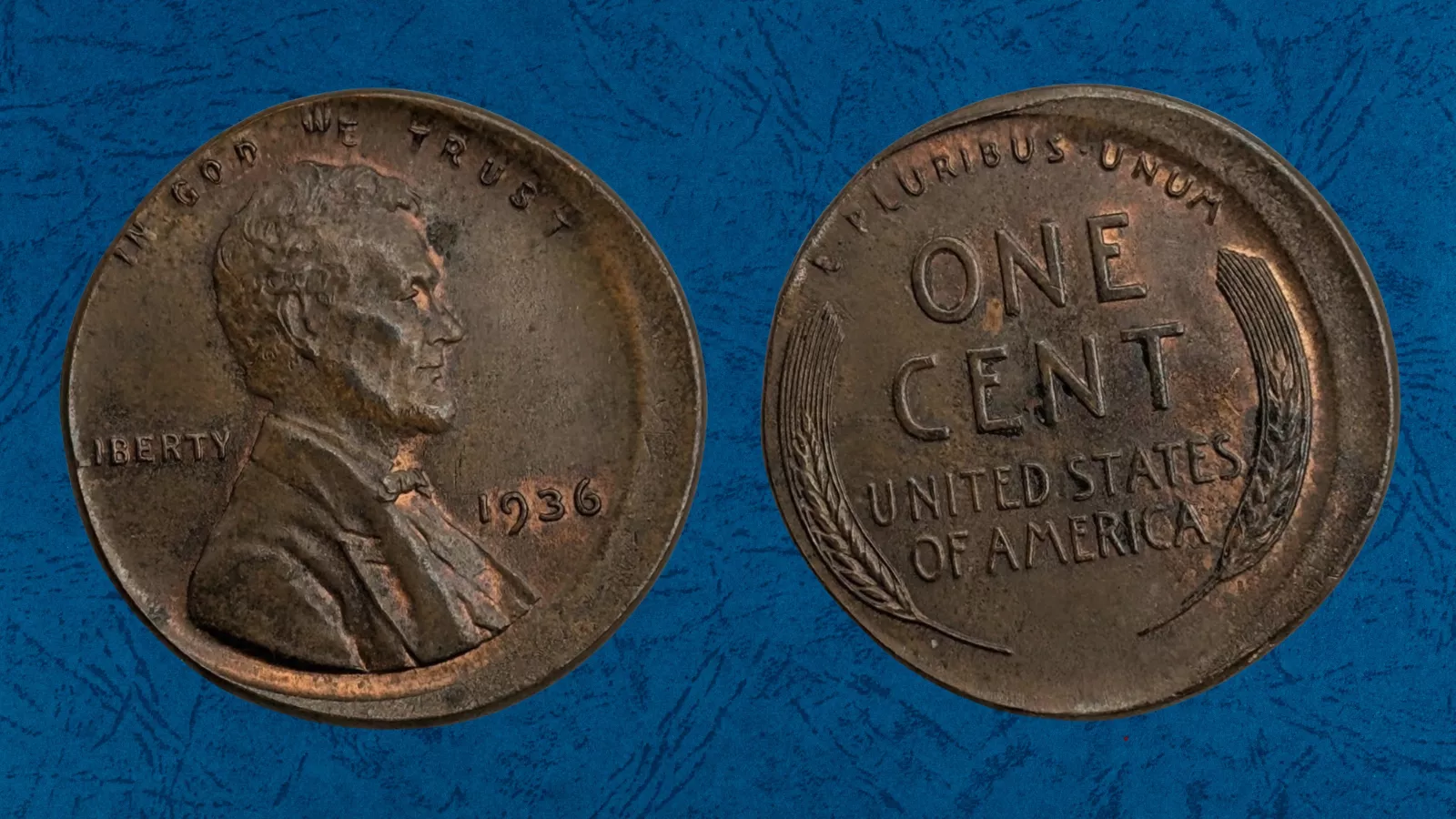 1936 wheat penny off-center strike error showing shifted Lincoln portrait with blank planchet crescent, alongside die crack error example